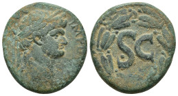 Antioch, Seleucis and Pieria Domitian AE. AD 81/3. (12.8 Gr. 26mm.)
 laureate head to right 
Rev. Large SC in wreath; uncertain letter (date) below.