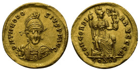 Theodosius II AV Solidus. Constantinople, AD 408-420. (4.4 Gr. 19mm.)
Helmeted, three-quarter facing bust, holding spear over shoulder and shield deco...