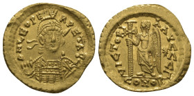 Leo I (457-474), Solidus, Constantinopolis, AD 471-473; AV (21mm, 4.6 g); D N LEO PE - RPET AVG, helmeted, diademed and cuirassed facing bust slightly...