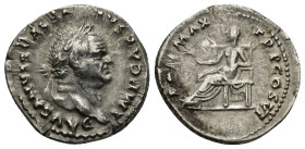 Vespasian AR Denarius. (19mm, 3.1 g) Rome, AD 75. IMP CAESAR - VESPASIANVS AVG, laureate head right / PON MAX TR P COS VI, Pax seated left resting lef...