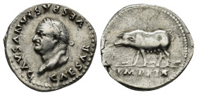 Vespasian AR Denarius. (18mm, 3.3 g) Rome, AD 77-78. CAESAR VESPASIANVS AVG, laureate head left / Sow standing left, with three piglets between legs; ...
