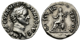 Vespasian. A.D. 69-79. AR denarius (17mm, 3.4 g). Rome mint, struck A.D. 70. IMP CAESAR VESPASIANVS AVG, laureate head right / COS ITER TR POT, Pax se...
