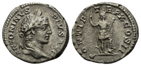 Caracalla. AD 198-217. AR Denarius (3.4 Gr. 19 mm.). Rome Laureate head right 
Rev. Caracalla standing right, right foot resting on helmet, holding in...