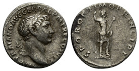 TRAJAN (98-117). AR Denarius. Rome. (3 Gr. 17mm.)
Laureate bust right, with slight drapery.
Rev: S P Q R OPTIMO PRINCIPI. Virtus standing right, resti...