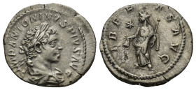 Caracalla AD 198-217. Rome Denarius AR (3.2 Gr. 18mm) laureate and draped bust right 
Rev. LIBERTAS AVG, Libertas standing left, holding Pileus.