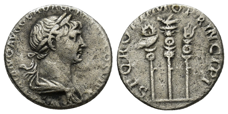 Trajan. Denarius. 112-114 AD. Rome. (3.1 Gr. 17mm)
 Laureate and draped bust rig...