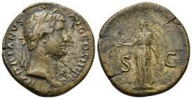Hadrian AD 134-138. AE Sestertius. (23.6 Gr. 33mm. ) Rome
Laureate head right with drapery on far shoulder
Rev. Diana standing left, holding bow and...