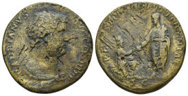 Hadrian. AD 117-138. AE Sestertius (23.2 Gr. 32mm). "Travel series" Rome mint. Struck circa AD 130-133. Bareheaded and draped bust right 
Rev. Hadrian...