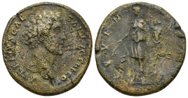 MARCUS AURELIUS (Caesar, 139-161). AE. Sestertius (21.2 Gr. 32mm.)
Bare head right.
Rev. Juventas standing left, holding branch and trophy. IVVENTAS /...