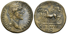Antoninus Pius. AD 138-161. AE. Sestertius (24.6 Gr. 30mm). Rome. 
Laureate bust right, slight drapery 
 Rev. Antoninus Pius driving slow quadriga lef...