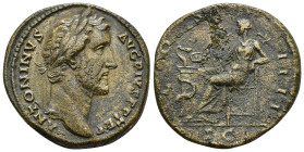 Antoninus Pius AD 138-161. AE. Sestertius. (24.5 Gr. 32mm) Rome. 
Laureate head right. 
Rev. Salus seated left, holding rudder and feeding snake risin...