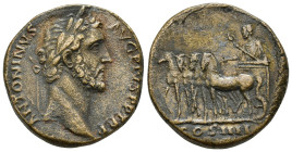 Antoninus Pius. AD 138-161. AE Sestertius (23.4 Gr. 29mm.). Rome 
 Laureate bust right, slight drapery 
Rev. Antoninus Pius driving slow quadriga left...