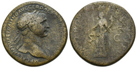 Trajan (AD 98-117), AE Sestertius (27.2 Gr. 32mm.) Rome.
Laureate bust right, draped on left shoulder. 
Rev. Pax standing left, holding branch and cor...
