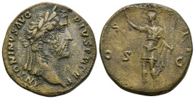 ANTONINUS PIUS (138-161). AE. Sestertius. (21.8 Gr. 29mm) Rome. 
 Laureate head right. 
Rev: Antoninus Pius standing left with radiate nimbus, holding...