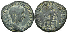 Gordian III AE. Sestertius. Rome, AD 240. (20 Gr. 29mm)
Laureate, draped and cuirassed bust right 
Rev. Apollo seated left, bare to waist, holding bra...