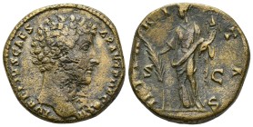 Marcus Aurelius. As Caesar, AD 139-161. AE. Sestertius (23.8 Gr. 29mm.). Rome. Struck AD 145-160. Bare-headed bust right, slight drapery on far should...