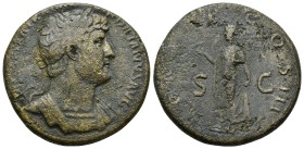 Hadrian, (A.D. 117-138), AE Sestertius Rome. (26.4 Gr. 32mm.)
Laureate bust, draped to right of Hadrian
Rev. Spes standing to left holding flower an...