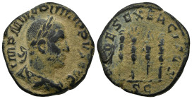 Philip I. Sestertius. (29mm, 18.0 g)244-249 AD. Rome. Anv.: IMP M IVL PHILIPPVS AVG, laureate, draped and cuirassed bust to right. Rev.: FIDES EXERCIT...