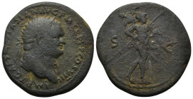 Titus. Sestertius. 72 AD. Rome. Ae (33mm, 23.9 g). Anv.: (T CAES VE)SPASIAN IMP PON TR POT COS II. Rev.: Mars walking to right, carrying spear and tro...