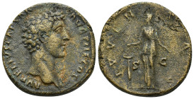 Marcus Aurelius. As Caesar, AD 139-161. AE Sestertius (30 Gr. 31mm.). Rome. 
Bareheaded and draped bust right 
Rev. Juventas standing left, holding pa...