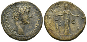 Marcus Aurelius. As Caesar, AD 139-161. AE Sestertius (28.1 Gr. 33mm.). Rome. 
Bareheaded and draped bust right 
Rev. Juventas standing left, holding ...