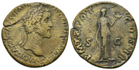 ANTONINUS PIUS, 138-161. AE Sestertius (24.3 Gr.32mm). Rome.
Laureate head right.
Rev. Fides, wearing long chiton, standing facing, head turned r., ho...