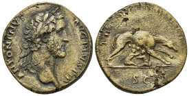 Antoninus Pius, 138-161. AE Sestertius (24.1 Gr. 32mm), Rome 
 Laureate head of Antoninus Pius to right.
 Rev. She-wolf standing to right, suckling th...