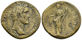Antoninus Pius (138-161), AE. Sestertius (25.1 Gr. 31mm.) Rome 
Laureate head right.
 Rev. Pax standing left holding branch and cornucopiae; in field,...