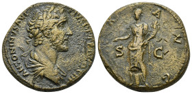 Antoninus Pius (AD 138-161). AE Sestertius (23.4 Gr. 29mm.). Rome. 
Laureate, draped bust of Antoninus Pius right 
Rev. Pax standing facing, head left...