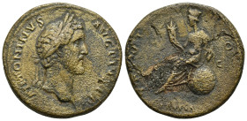 Antoninus Pius (138-161). AE Sestertius (23.8 Gr. 33mm.). Rome. 
Laureate head right. 
 Rev. Italia, wearing towered crown, holding cornucopia and sce...