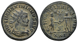 Maximian Æ Antoninianus. (21mm, 3.5 g) Cyzicus, AD 293-295. IMP C M A MAXIMIANVS AVG, radiate, draped, and cuirassed bust right / CONCORDIA MILITVM, M...