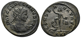 Aurelian Æ Radiate. (24mm, 3.7 g) Antioch, AD 274-275. IMP AVRELIANVS AVG, radiate and cuirassed bust right / CONSERVAT AVG, Sol walking left, right h...