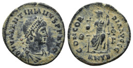 Valentinian II (375-392). Æ (18mm, 2.8 g). Antioch, 378-383. Pearl diademed, draped and cuirassed bust r. R/ Constantinopolis seated facing, head l., ...