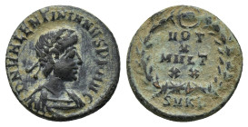 Valentinian II AD 375-392. Cyzicus Follis Æ (14mm, 5.4 g). DN VALENTINIANVS PF AVG, pearl-diademed, draped, and cuirassed bust right / VOT-V-MVLT-X in...