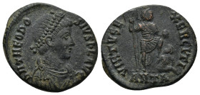 Theodosius I. A.D. 379-395. AE (22mm, 4.6 g). Antioch mint, struck A.D. 383-388. D N THEODOSIVS P F AVG, pearl-diademed, draped, and cuirassed bust ri...