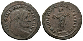 Maximianus Herculius AD 286-305. Carthage Follis Æ (30mm, 11.9 g). MAXIMIANVS NOB CAES, laureate head right / SALVIS AVGG ET CAESS FEL KART, Carthago ...