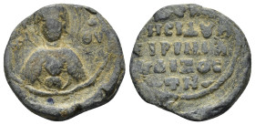 BYZANTINE LEAD SEAL. (20mm, 7.6 g) Obv: Nimbate bust of Mary, medallion with face of Christ on chest; monograms on both sides. Rev: Legend in 6 lines.