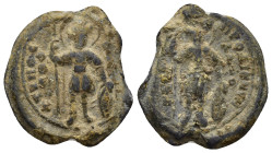 Byzantine Lead Seal (23mm, 7.1 g) St. Theodore standing facing, holding spear and shield / St. George standing facing, holding spear and shield.