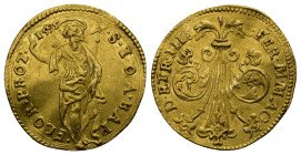 ITALY. Firenze. Ferdinando I de’Medici, 1587-1608. Ducato Gigliato GOLD 1595. (3.4 Gr.20mm.)
FER M M MAG - D ETR III Lis. 
Rev. FLOR PROT 1595 - S IOA...