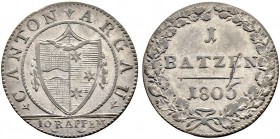 SCHWEIZ. Aargau. Kanton Aargau. Batzen 1806, Aarau. Variante mit spitzem Wappen. 2.68 g. Jaeger/Lavanchy (SMK III) 2. D.T. 198. HMZ 2-23c. Kleiner Kra...
