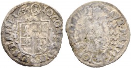 SCHWEIZ. Basel. Bistum Basel. Johann Konrad I. von Roggenbach, 1656-1693. Batzen 1655, Pruntrut. 0.99 g. Mich. 149. D.T. 1307a. HMZ 2-137a. Kleiner Ra...