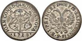 SCHWEIZ. Basel. Bistum Basel. Johann Konrad II. von Reinach-Hirzbach, 1705-1737. Batzen 1718, Pruntrut. 2.49 g. Mich. 193. D.T. 705. HMZ 2-147a. Sehr ...