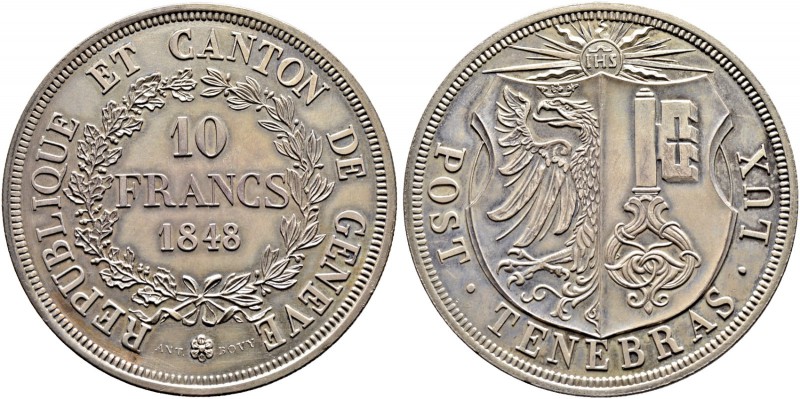 SCHWEIZ. Genf/Genève. Stadt und Kanton Genf. 10 Francs 1848, Genf. Gerippter Ran...