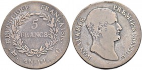 SCHWEIZ. Genf/Genève. Französische Prägungen. 5 Francs an 12 (1803), Genf. Portrait von Napoleon als Premier Consul nach links. Mzz. G. Randschrift mi...