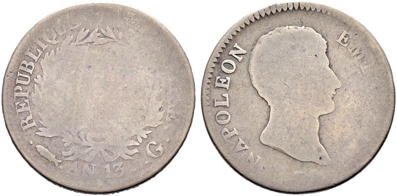 SCHWEIZ. Genf/Genève. Französische Prägungen. 2 Francs an 13 (1804), Genf. Portr...