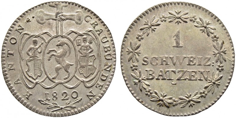SCHWEIZ. Graubünden. Graubünden, Kanton. Batzen 1820, Bern. Mzz. B unten auf Vor...