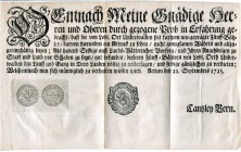 SCHWEIZ. Obwalden. Münzmandat 1725, 21. September. Verbot der 20 Kreuzerstücke des Jahrgangs 1725. Gedruckt in Bern. Selten / Rare. Gutes sehr schön /...