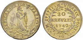 SCHWEIZ. Obwalden. 20 Kreuzer 1742, Sarnen. Variante mit kniendem hl. Bruder Niklaus von Flüe nach rechts, in den gefalteten Händen einen Rosenkranz, ...