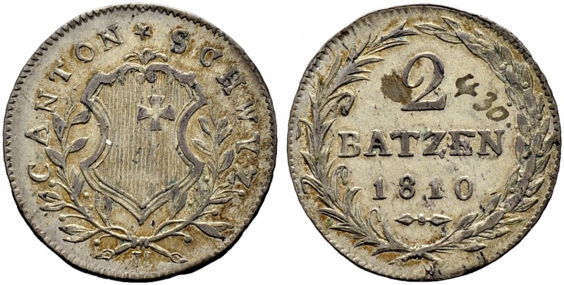 SCHWEIZ. Schwyz. 2 Batzen 1810, Aarau. Variante mit BATZEN. Av. mit Mzz. H (als ...