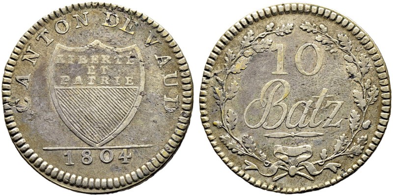 SCHWEIZ. Waadt/Vaud. Kanton. 10 Batzen 1804, Lausanne. Grosses Kantonswappen, un...
